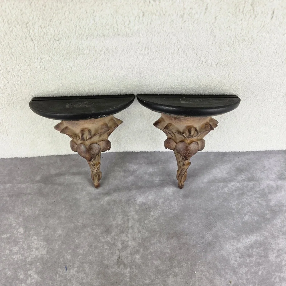 Vintage Ornate Floral Wall Sconce Corbel Shelves Pair Bronze Gold Black Finish